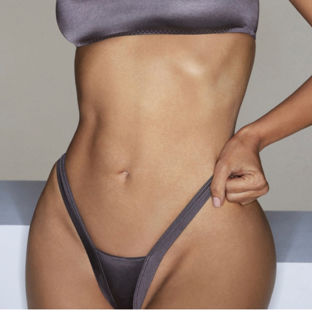 SKIMS Satin-Look High-Cut Bikini Panty in Charcoal Gray